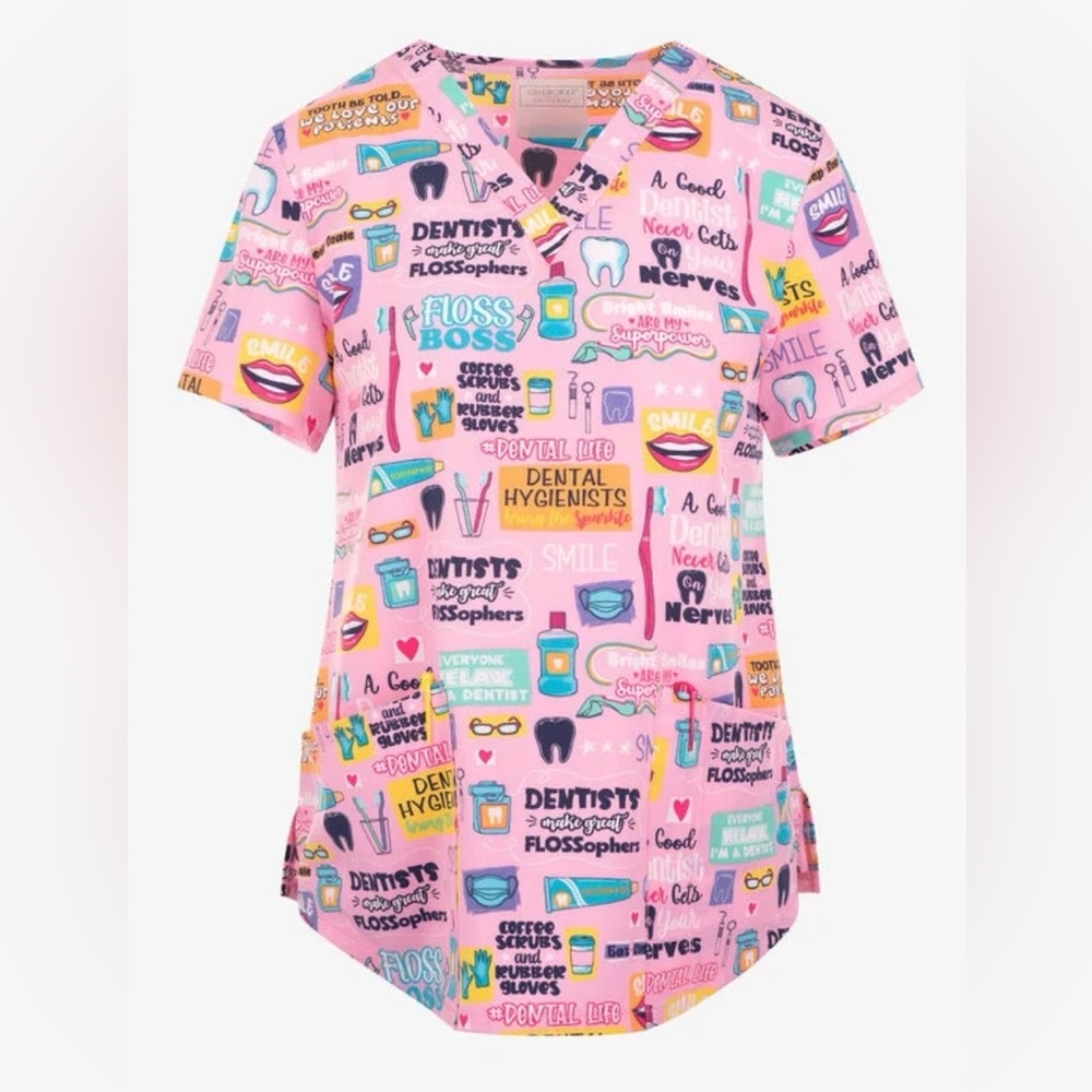 Cherokee Women’s Dental Life Uniform 2-Pocket Stretch V-Neck Print Scrub Top.NWT